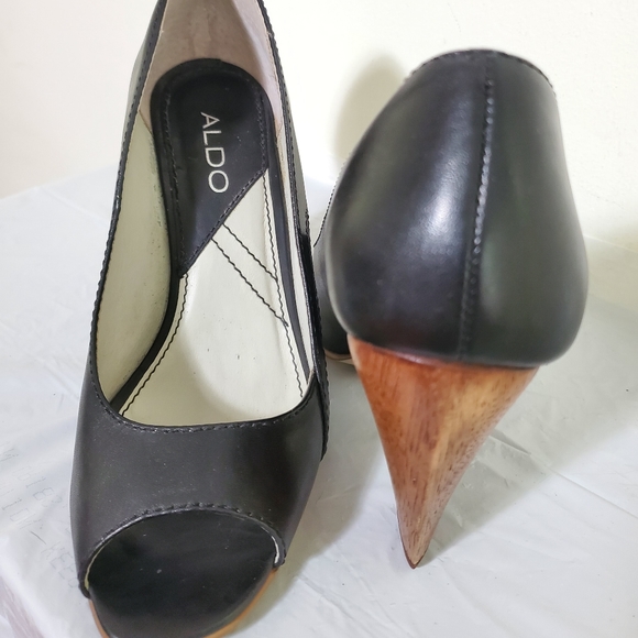 ALDO PUMPS LEATHER BLACK WOODEN HEELS SZ 6 SHOES - Picture 2 of 9